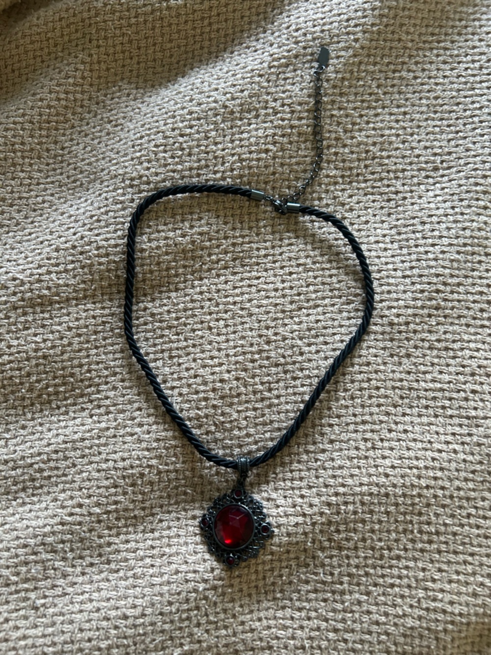 Black Twisted Cord Necklace with Red Pendant